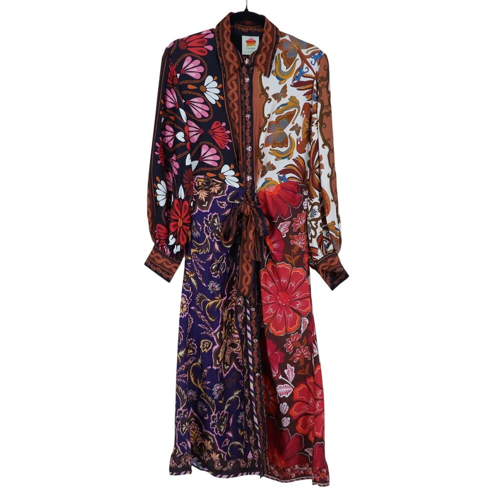 Farm Rio Miranda Wrap Shirt Dress Red Multi Floral Midi Long Sleeve Women's S